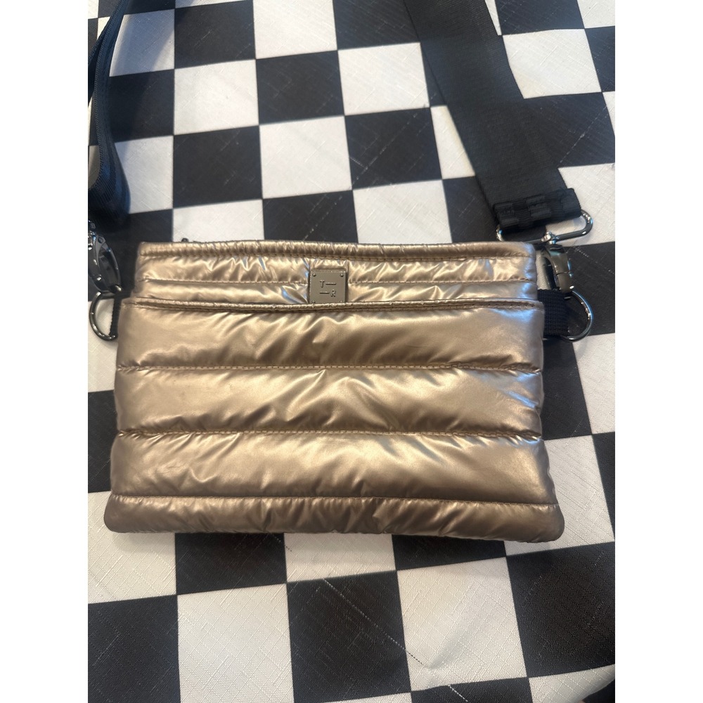 Think Royln Bum Bag Crossbody Metallic Gold Quilted Puffer Pouch Black Strap